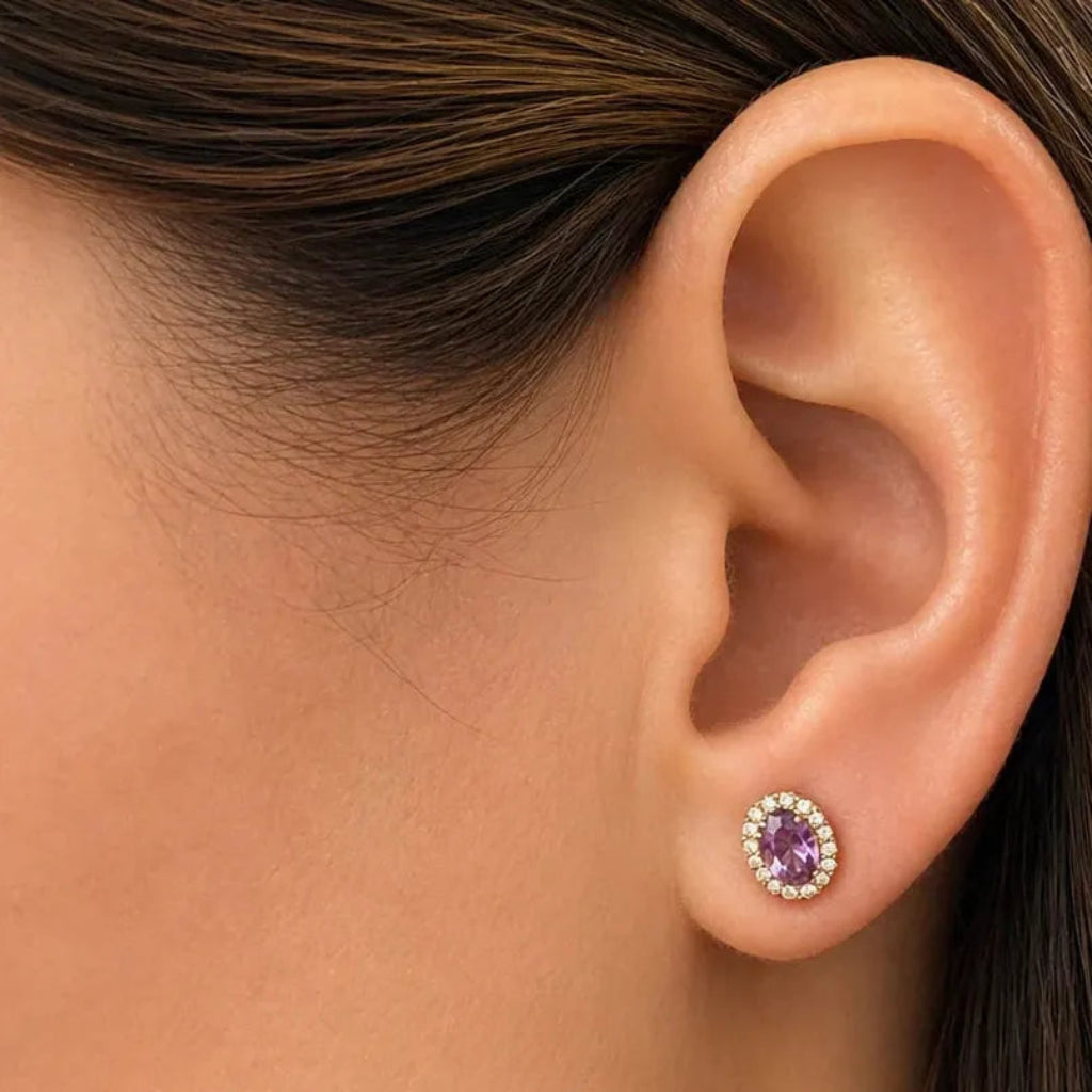 oval amethyst and diamond halo stud earrings in 14k gold