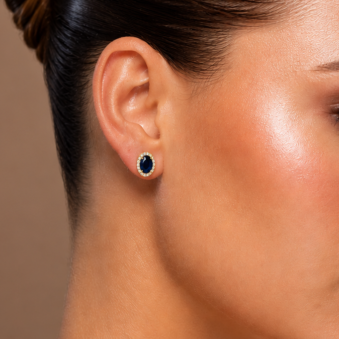 oval blue sapphire and diamond halo studs in 14k gold, detail view