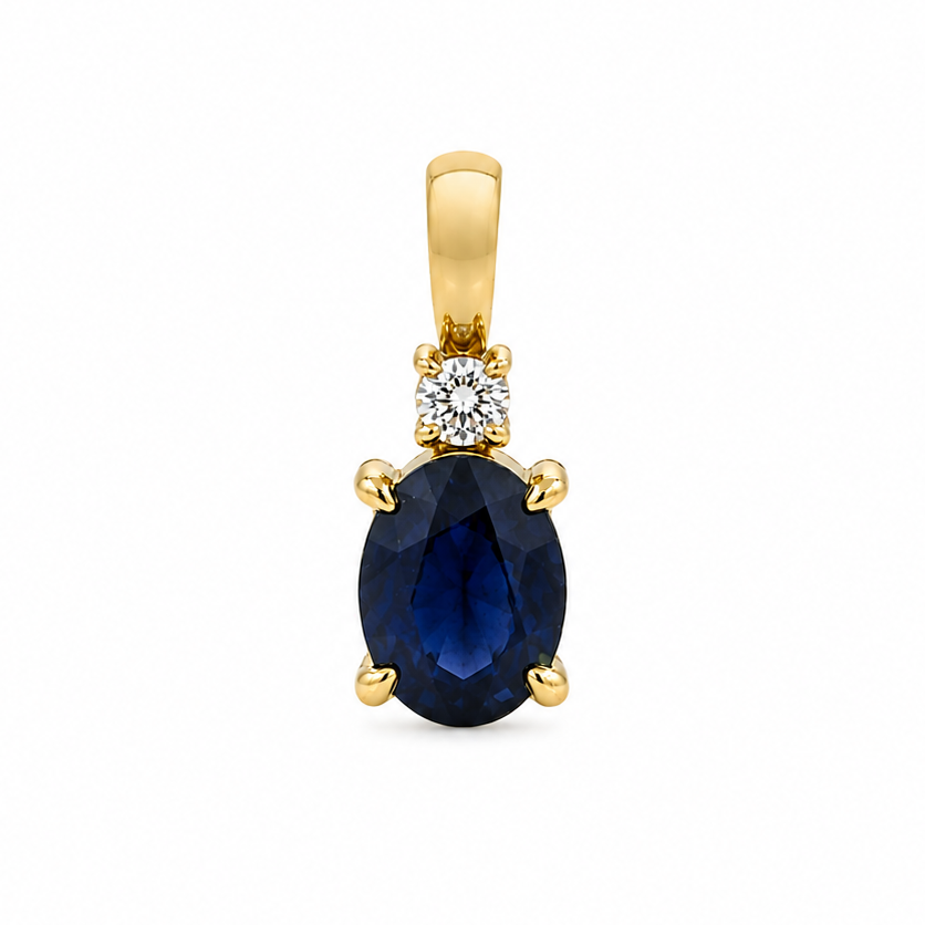 14k yellow gold necklace with 0.75 ct oval blue sapphire and diamond