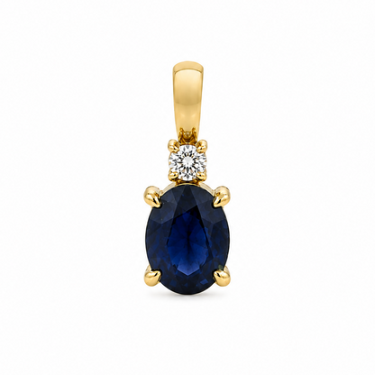 14k yellow gold necklace with 0.75 ct oval blue sapphire and diamond