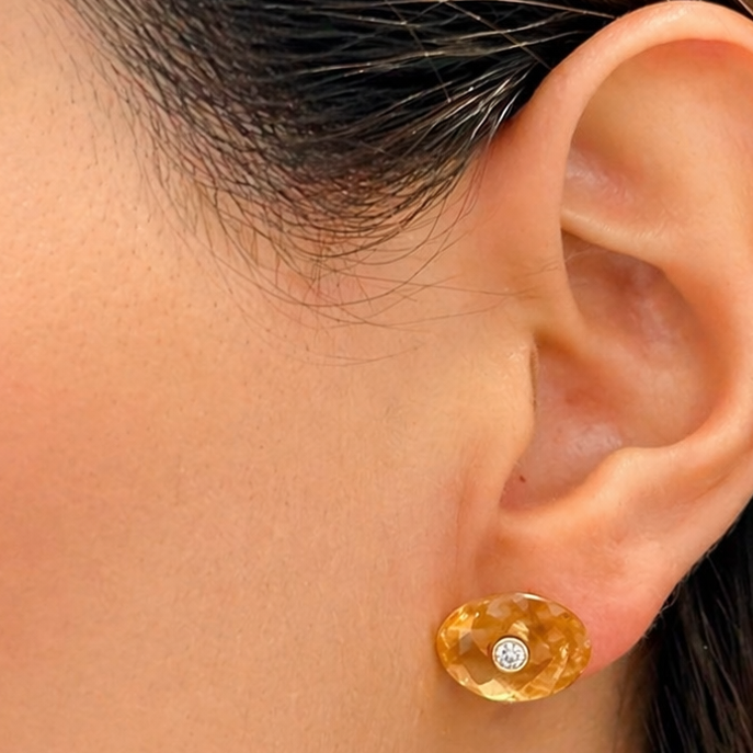 18k gold oval citrine and diamond stud earrings by Diamond Tales