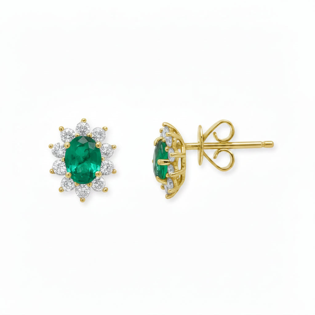 18k yellow gold stud earrings with oval Colombian emeralds framed by a halo of diamonds