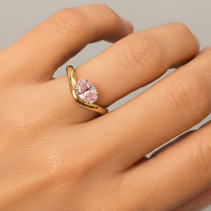 18k yellow gold ring with oval fancy pink lab-grown diamond by Diamond Tales