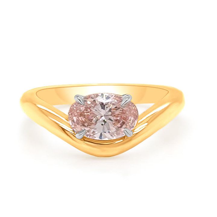 18k yellow gold ring with oval fancy pink lab-grown diamond by Diamond Tales