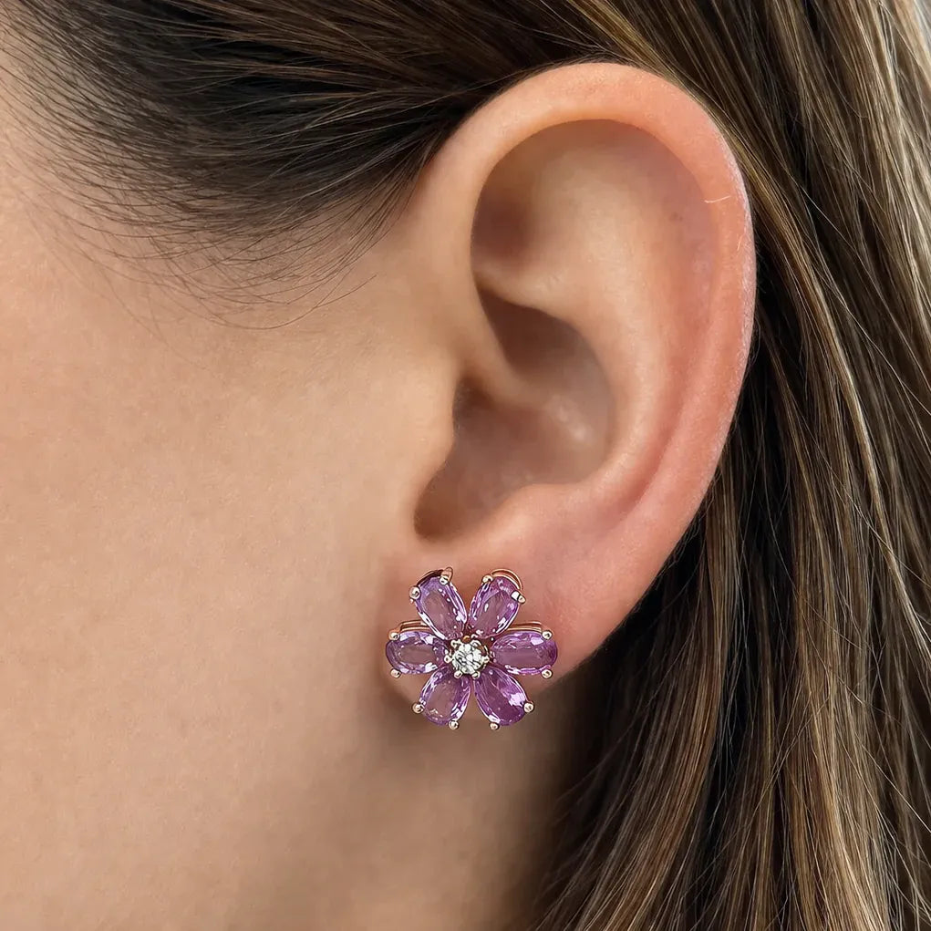 Oval Flower &amp; Diamond Stud Earrings – 18k Gold