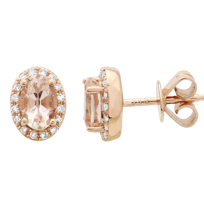 oval morganite and diamond halo stud earrings in 14k gold