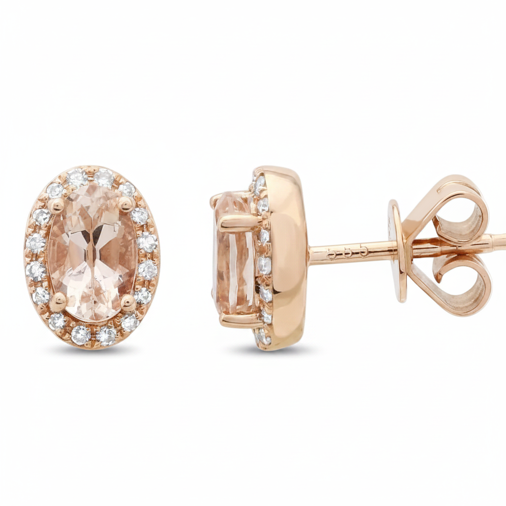 oval morganite and diamond halo stud earrings in 14k gold