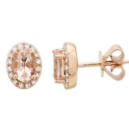 oval morganite and diamond halo stud earrings in 14k gold
