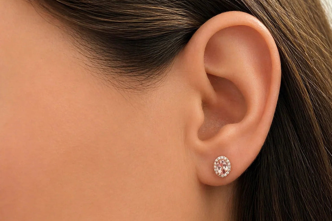 oval morganite and diamond halo stud earrings in 14k gold