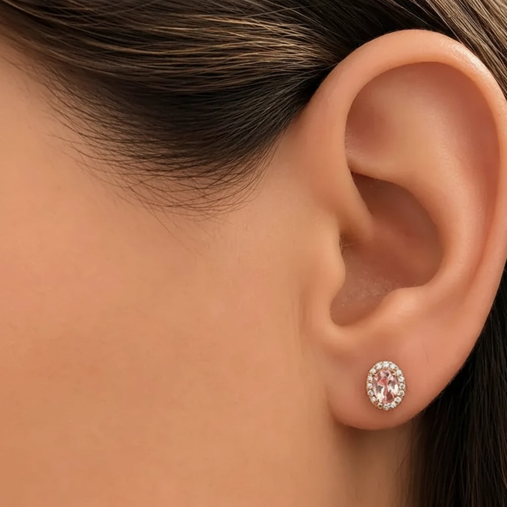 oval morganite and diamond halo stud earrings in 14k gold