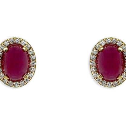 18k yellow gold stud earrings featuring oval ruby cabochons surrounded by diamond halos