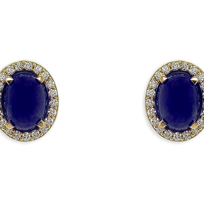 18k yellow gold stud earrings featuring oval sapphire cabochons framed by diamond halos