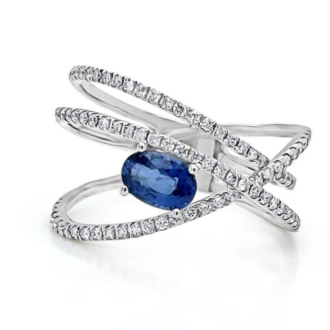 oval sapphire and diamond criss cross ring in 14k gold