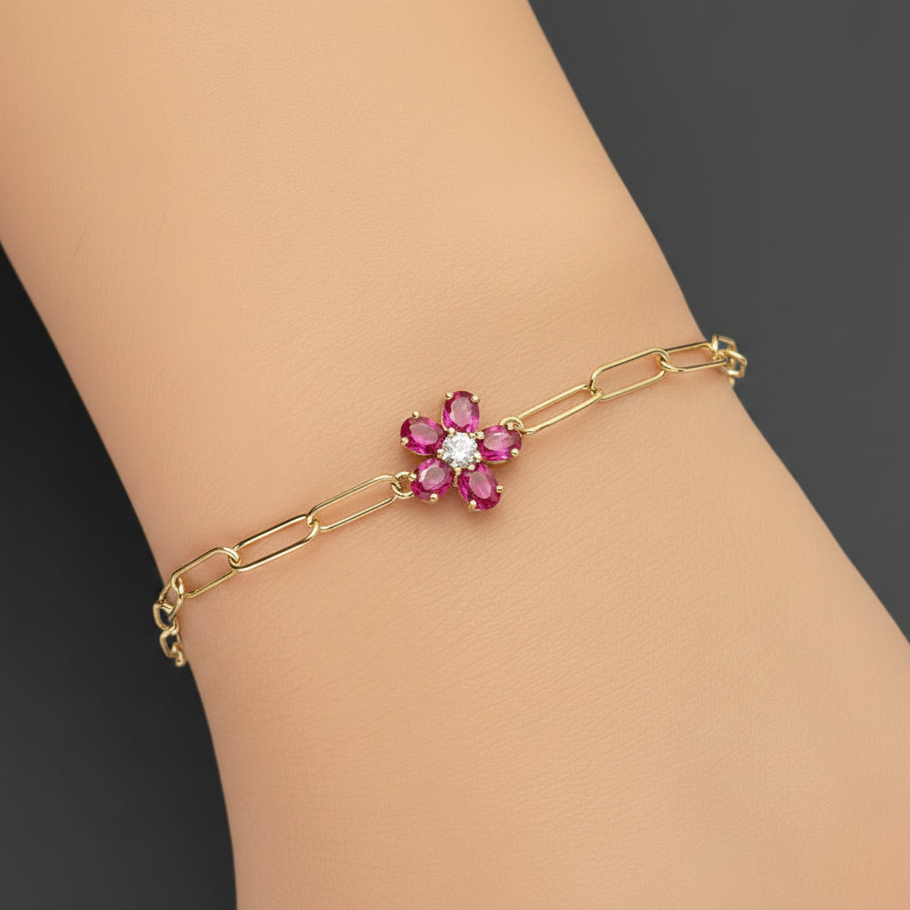 14k yellow gold paper clip chain bracelet with ruby flower center and diamond accent