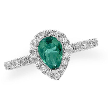 18k white gold ring with pear-shaped emerald and surrounding pavé diamonds