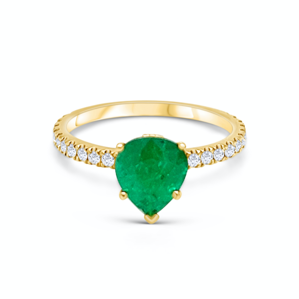18k yellow gold pear emerald ring with round brilliant diamonds by Diamond Tales