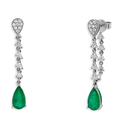 18k white gold drop earrings with pear emeralds and inside-out diamond halos—front and back—structurally refined