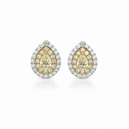 18k two-tone earrings with pear Fancy Yellow diamonds in a double diamond halo