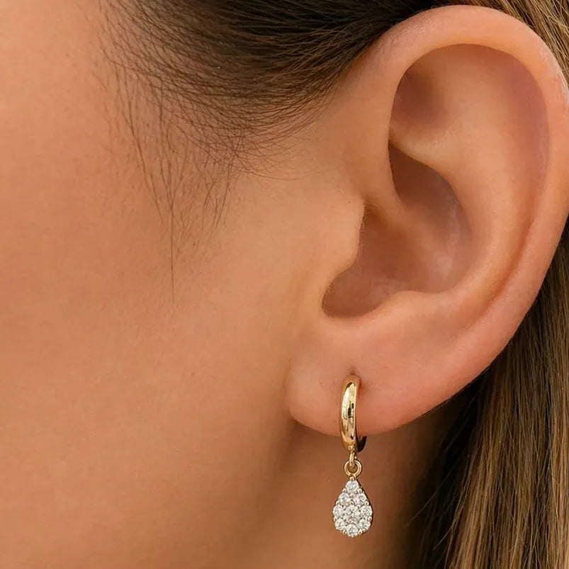 Mixed-gold huggie earrings with pear-illusion diamond drop
