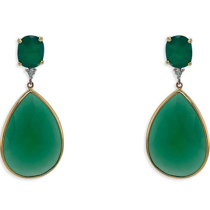 14k gold stud earrings with pear and oval green agate surrounded by diamonds