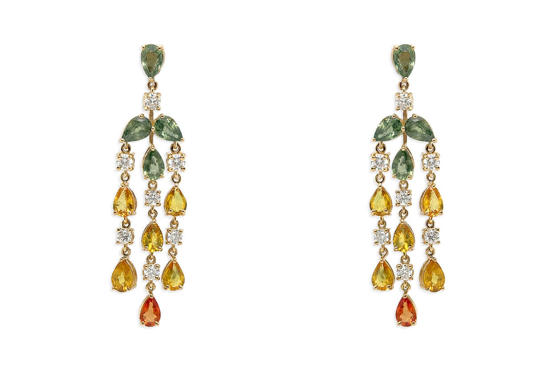18k gold chandelier earrings with pear sapphire tiers and round diamond accents