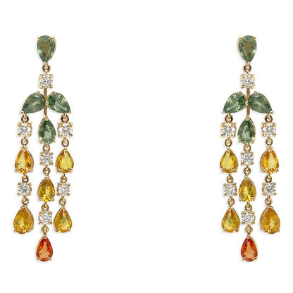 18k gold chandelier earrings with pear sapphire tiers and round diamond accents