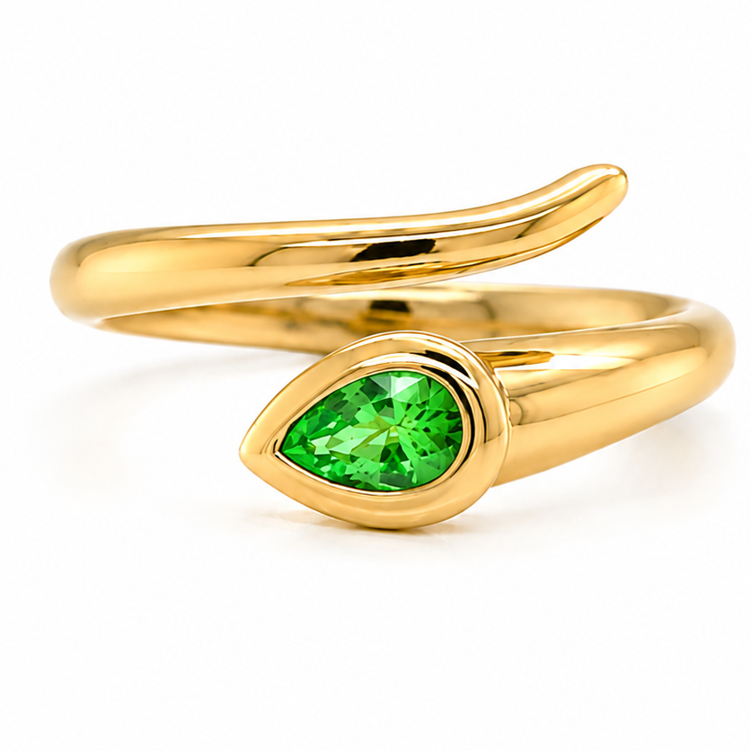 pear shape gemstone stacking rings in 14k yellow gold, worn