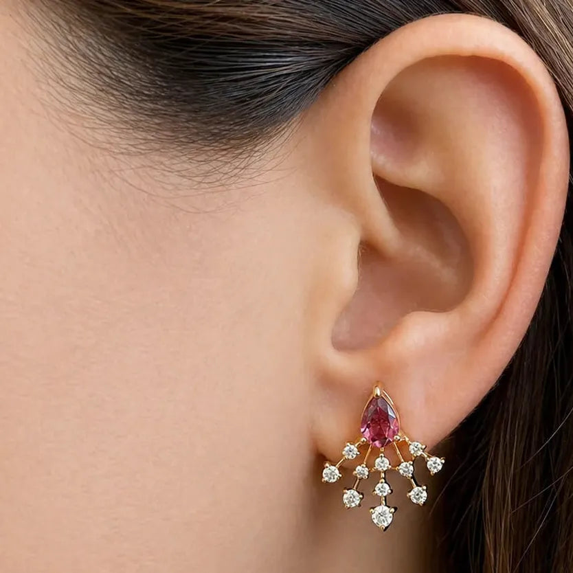 18k rose gold earrings with pear tourmaline and diamond stardust-style accents
