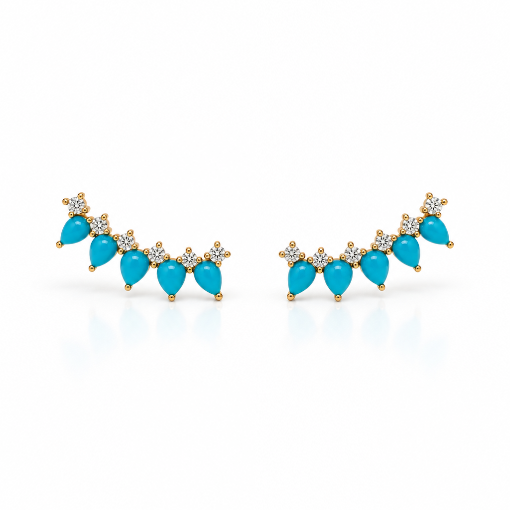 Pear turquoise and diamond crawler earrings in 14k yellow gold