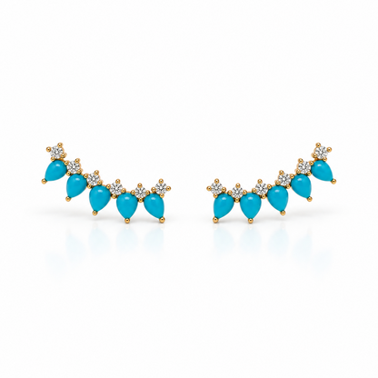 Pear turquoise and diamond crawler earrings in 14k yellow gold