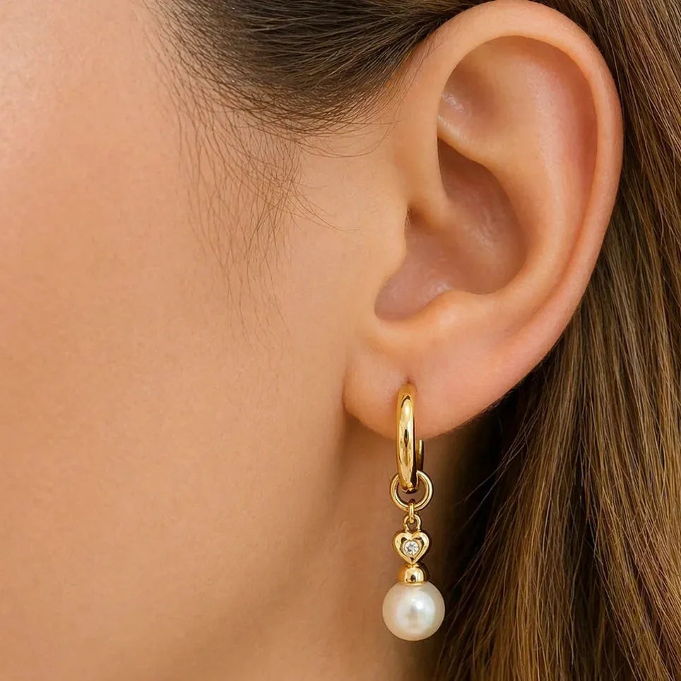 18k gold earrings with detachable pearl drops and diamond heart accents