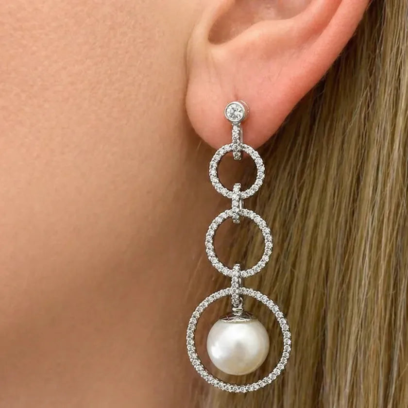 18k gold open circle drop earrings with pearls and diamond accents