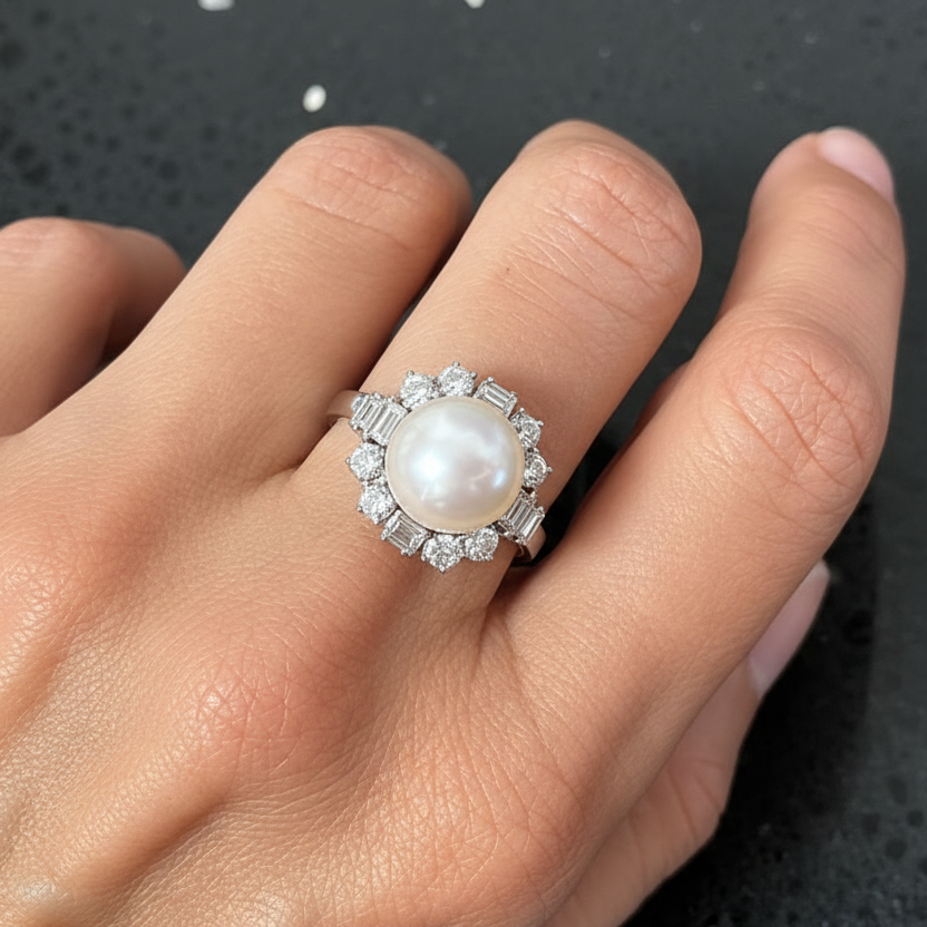18k white gold ring with pearl and diamonds
