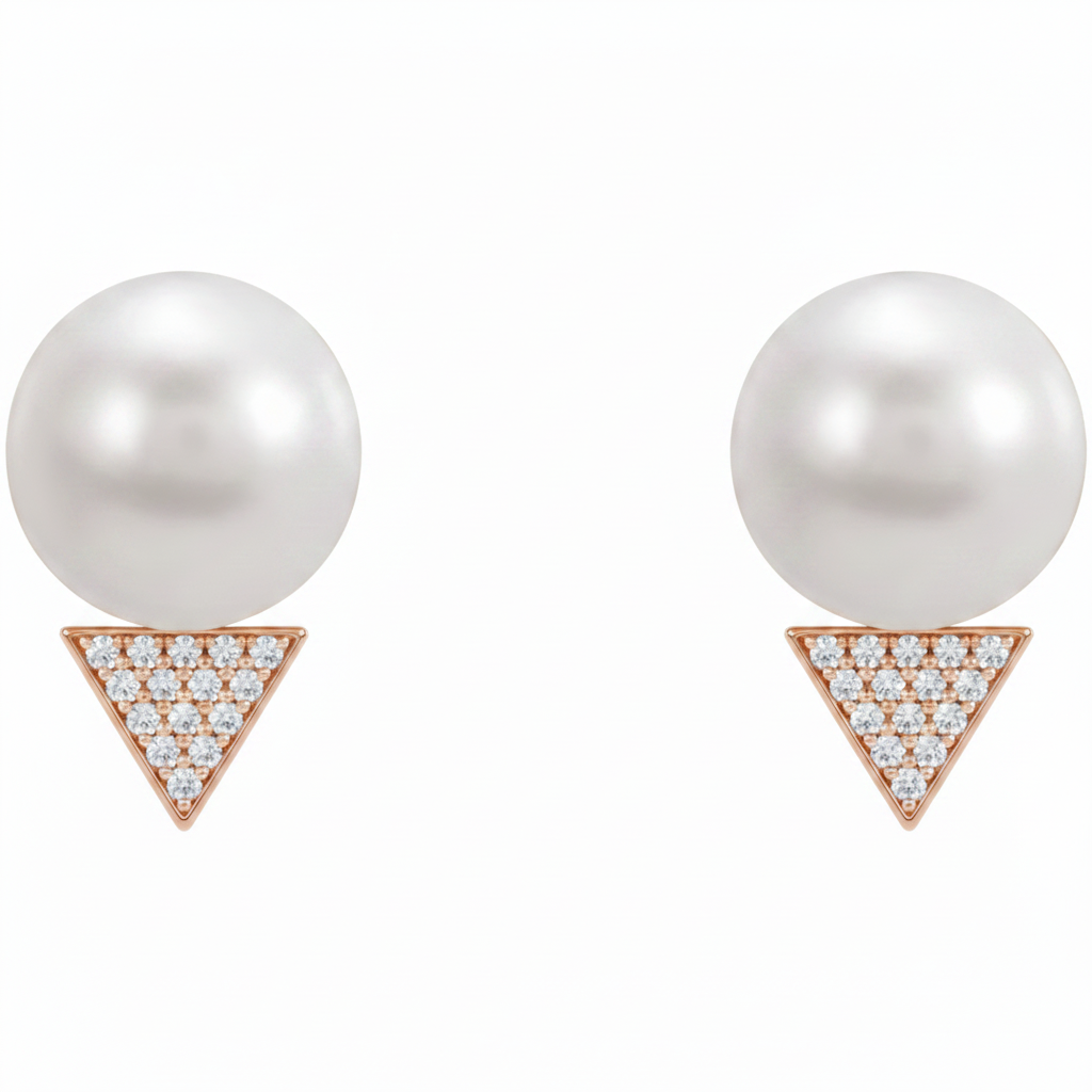 14k gold pearl and diamond triangle earrings by Diamond Tales