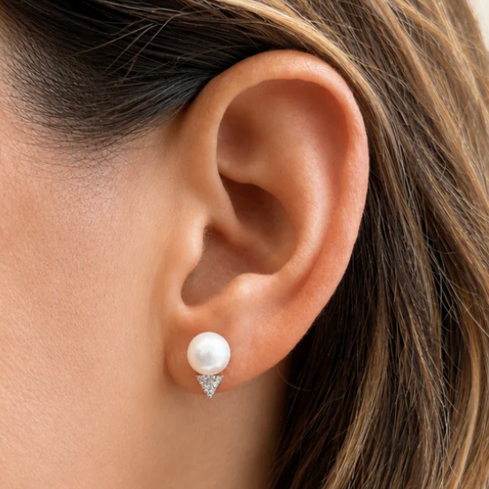 14k gold pearl and diamond triangle earrings by Diamond Tales