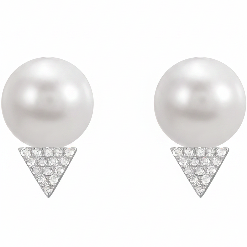 14k gold pearl and diamond triangle earrings by Diamond Tales