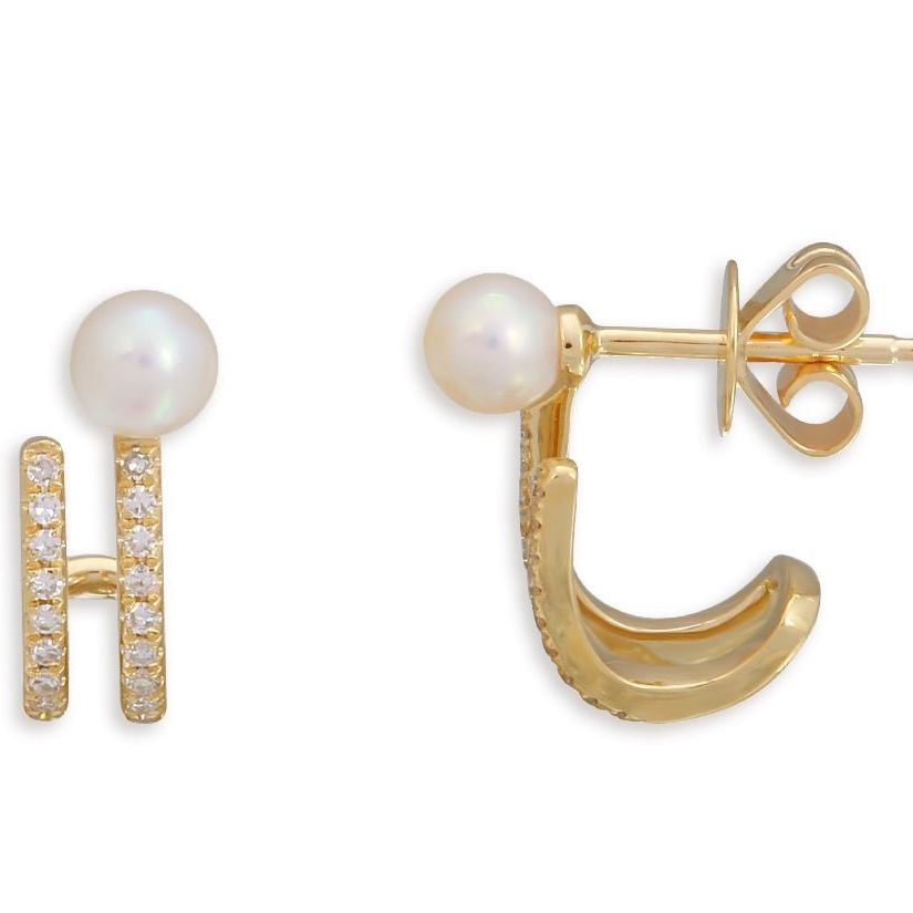 14k gold pearl lobe stud earrings with double row diamonds by Diamond Tales