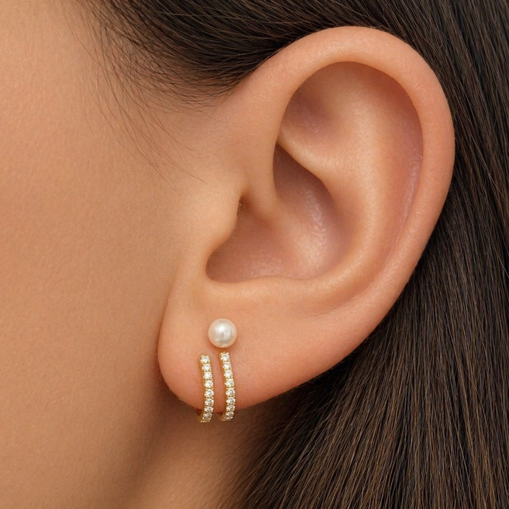 14k gold pearl lobe stud earrings with double row diamonds by Diamond Tales