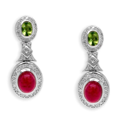 18k gold earrings with peridot, tourmaline cabochons, and diamonds by Diamond Tales