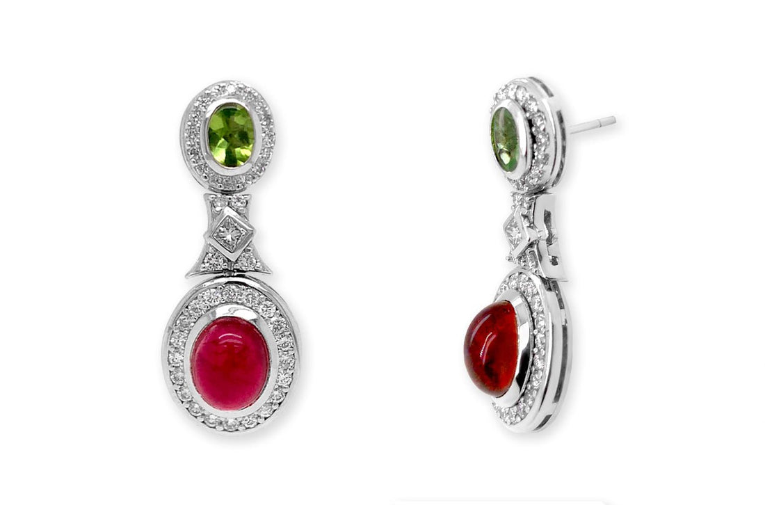 18k gold earrings with peridot, tourmaline cabochons, and diamonds by Diamond Tales
