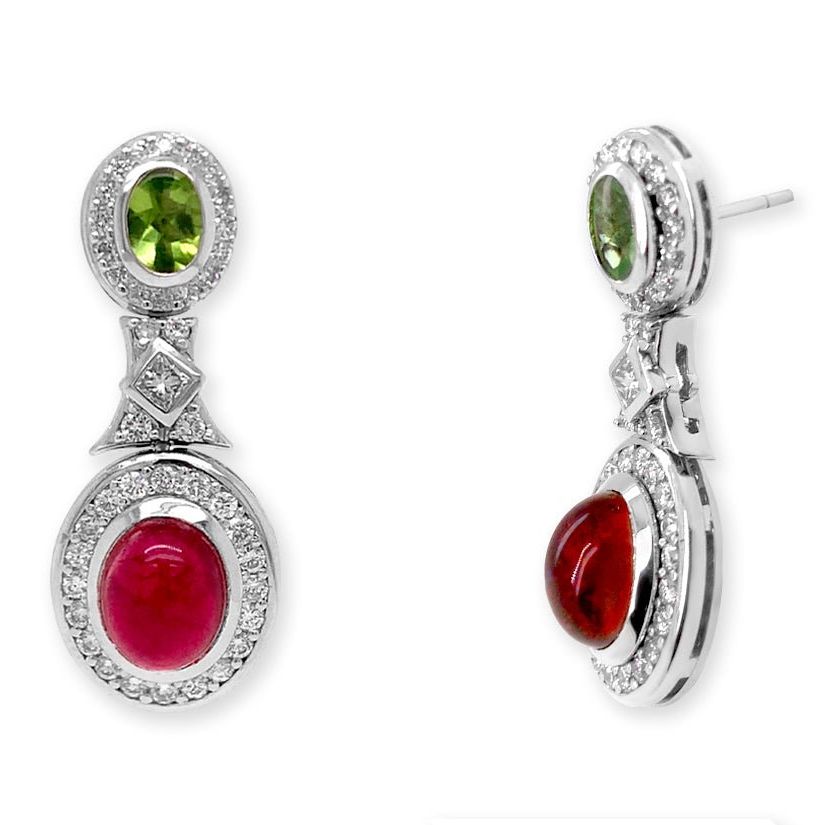 18k gold earrings with peridot, tourmaline cabochons, and diamonds by Diamond Tales