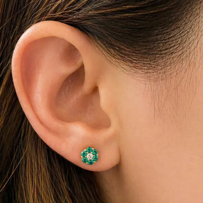 18k white gold petite flower stud earrings with mixed gemstones and diamond accents
