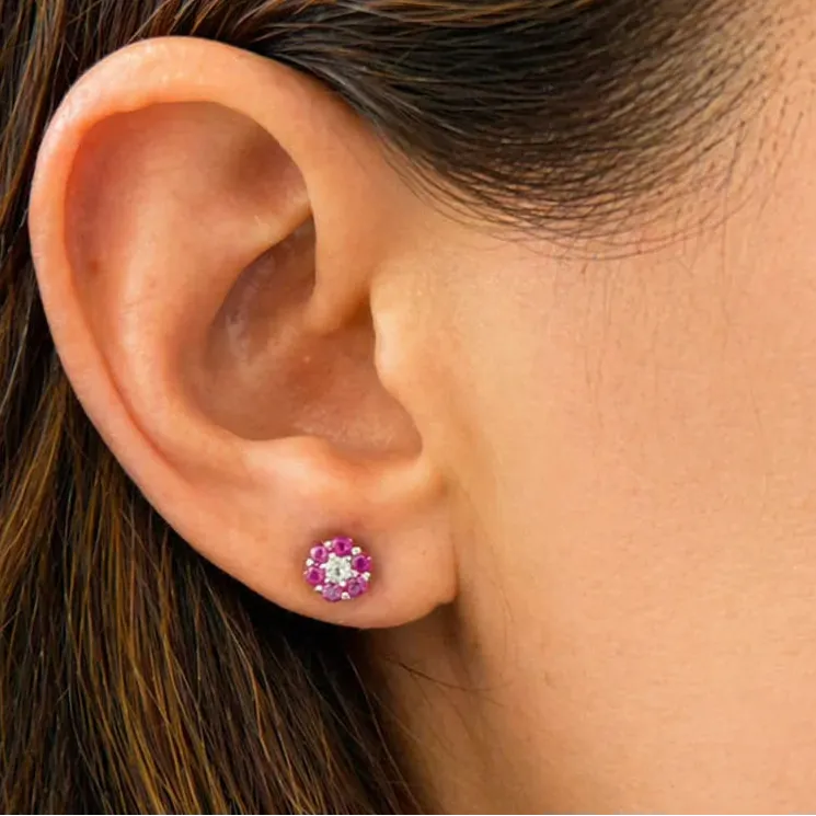 18k white gold petite flower stud earrings with mixed gemstones and diamond accents