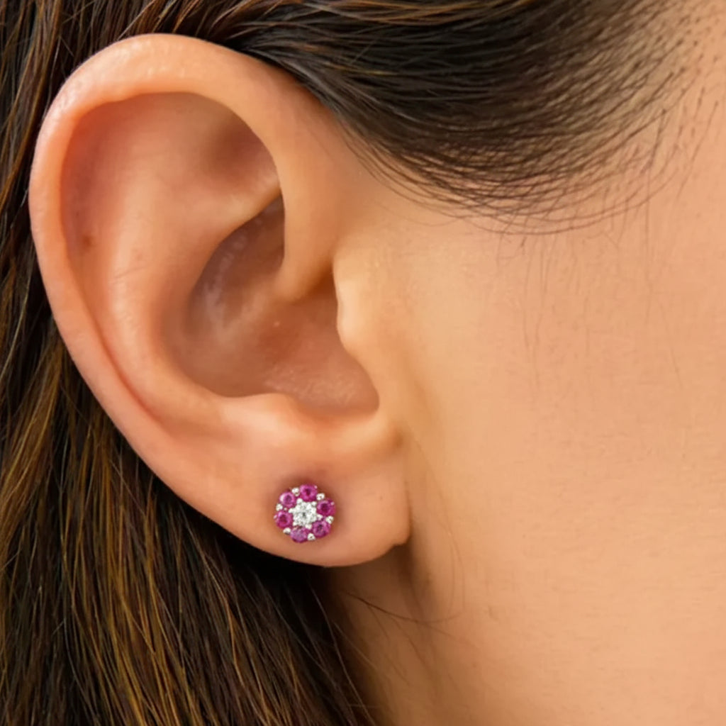 18k white gold petite flower stud earrings with mixed gemstones and diamond accents