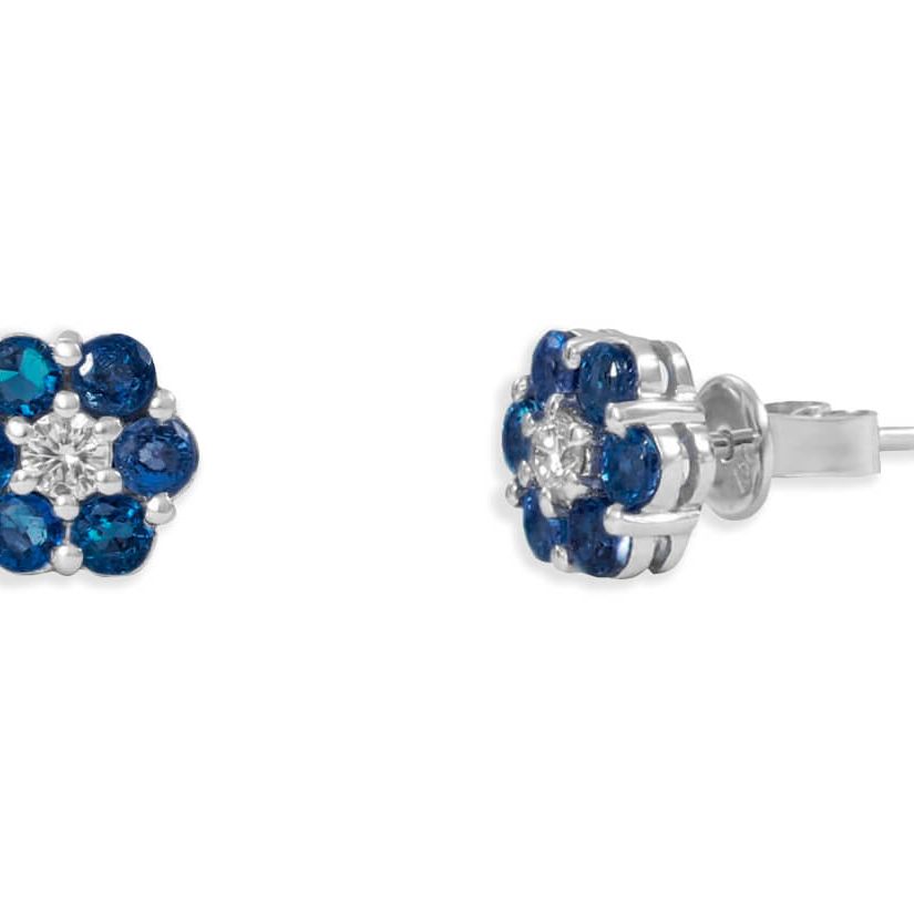 18k white gold petite flower stud earrings with mixed gemstones and diamond accents