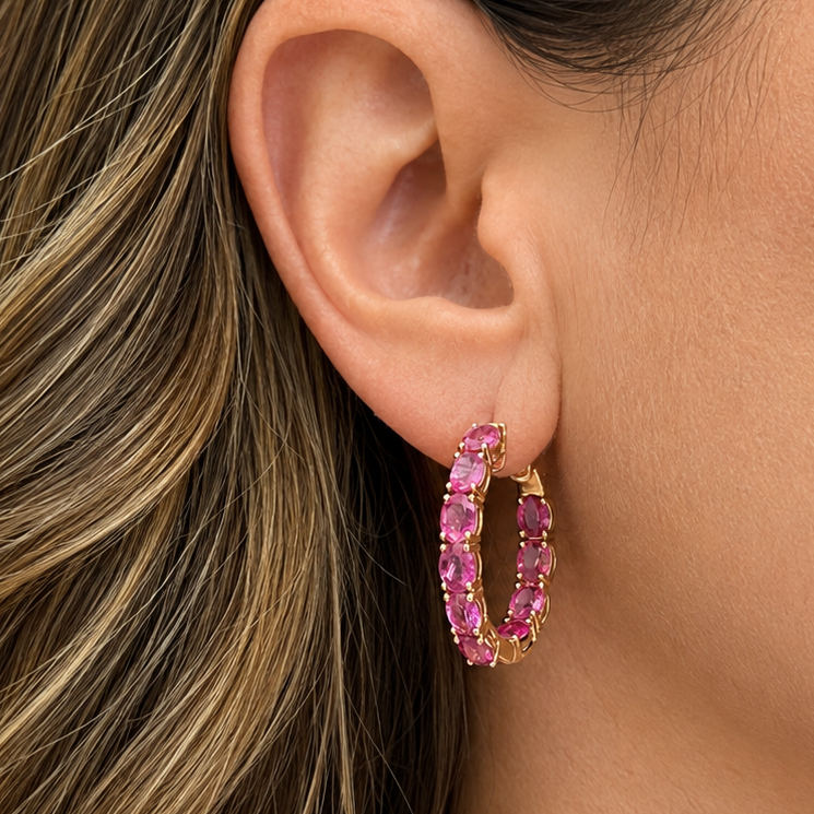 18k gold hoop earrings with pink oval rubies