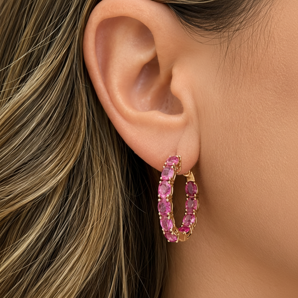 18k gold hoop earrings with pink oval rubies