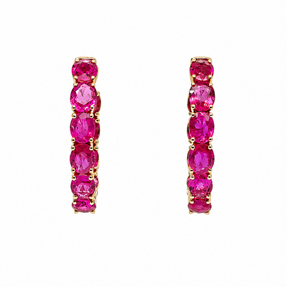 18k gold hoop earrings with pink oval rubies