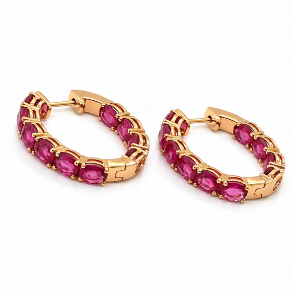 18k gold hoop earrings with pink oval rubies