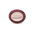 18k white gold ring with pink quartz, blue sapphires, and diamond accents